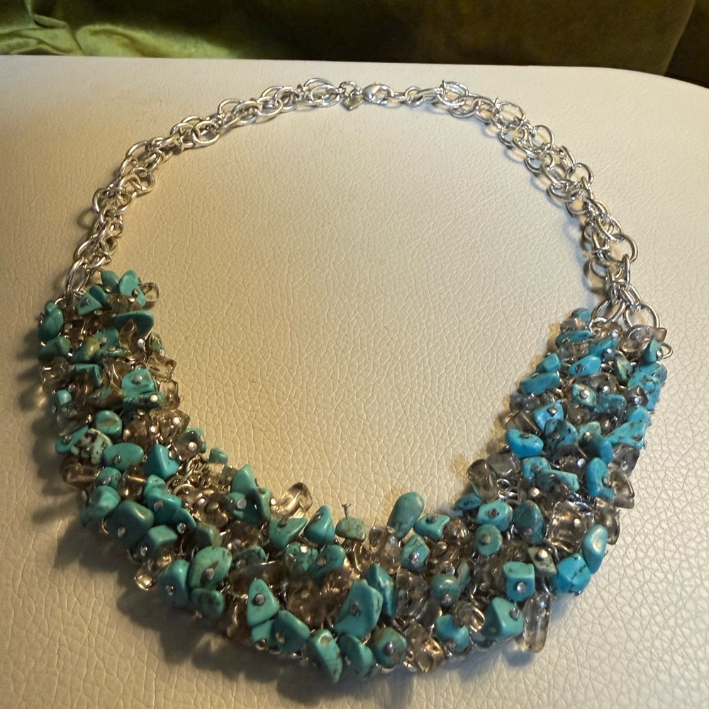 Turquoise Statement Cluster Necklace - Silver Chain